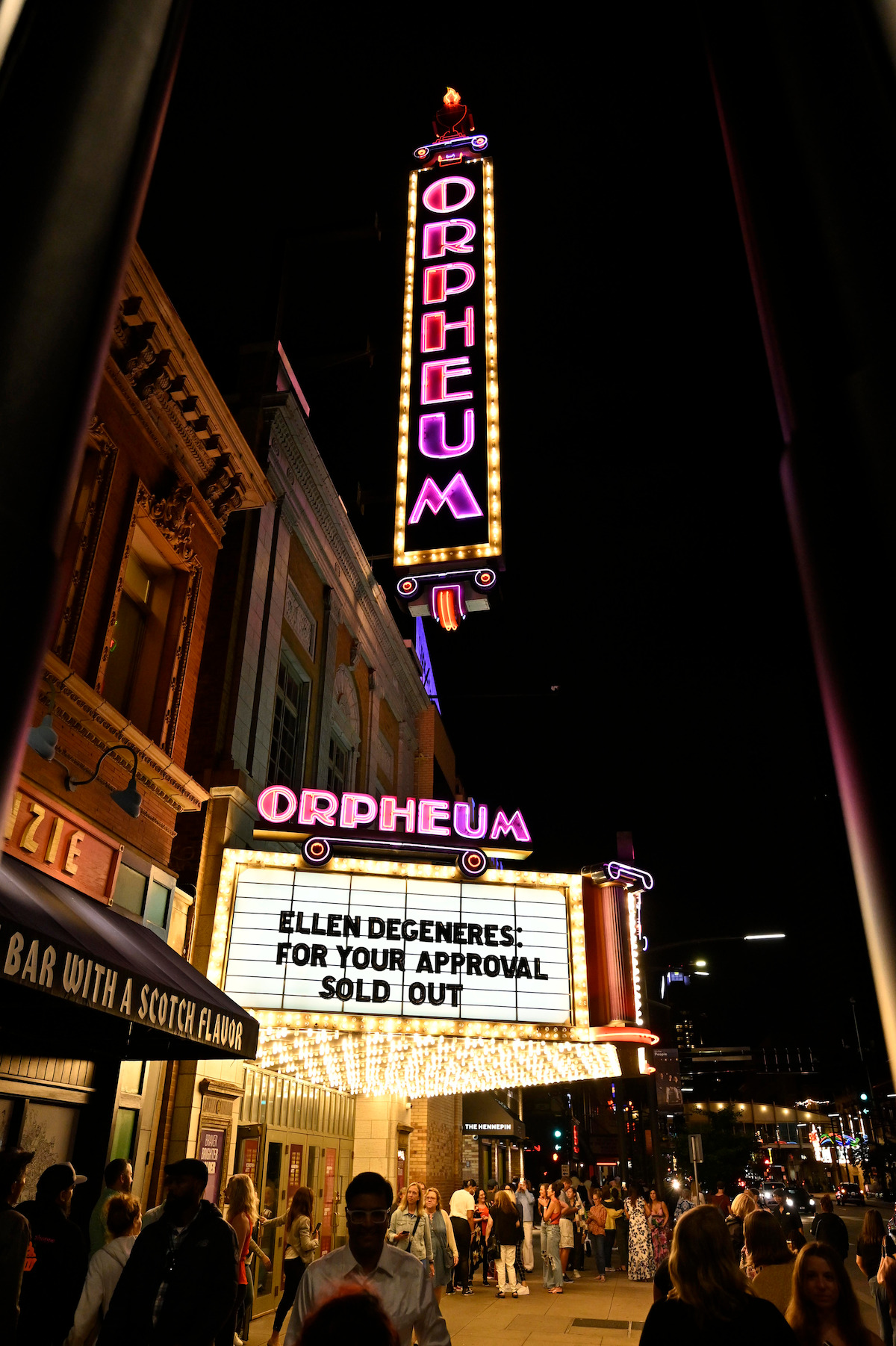 A marquee for Ellen’s show that reads ‘ELLEN DEGENERES: FOR YOUR APPROVAL SOLD OUT’.