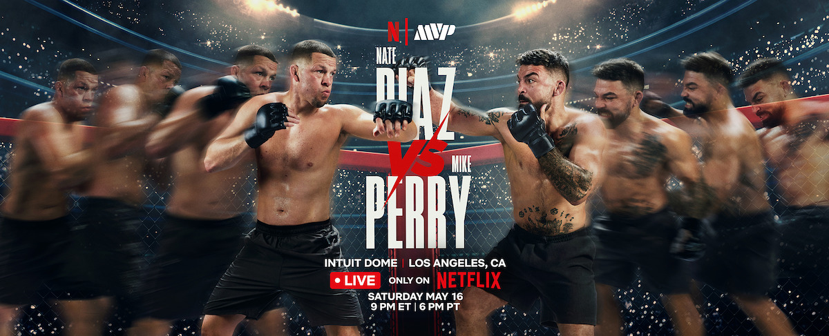 Two male fighters squaring off in a cage under bright arena lights, promotional poster for a live Netflix event at Intuit Dome in Los Angeles on May 16, set in a packed stadium environment.