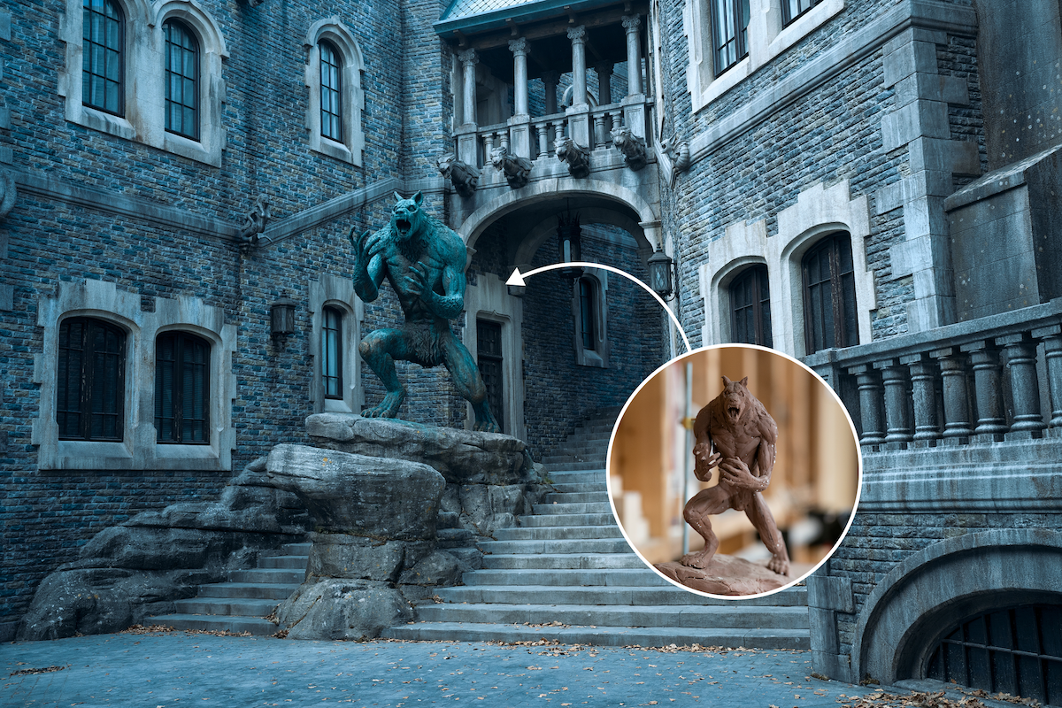 Werewolf statue in the courtyard at Nevermore Academy.