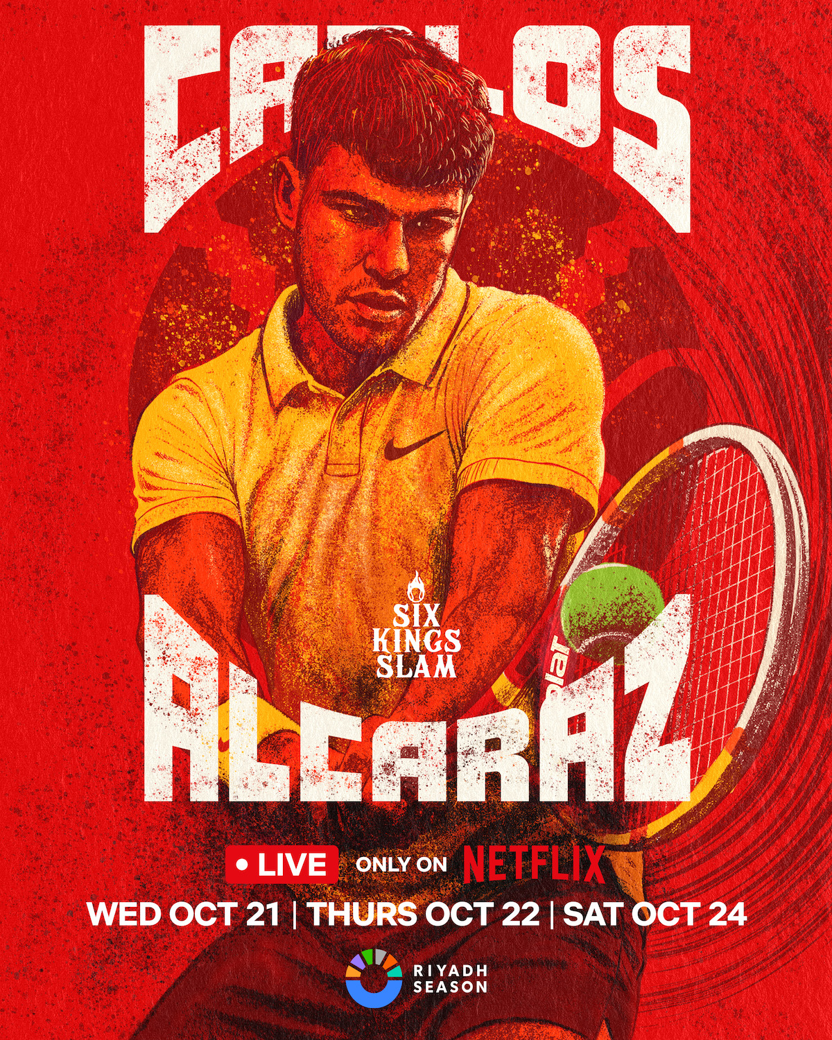 A male tennis player in a yellow shirt prepares to hit a tennis ball with his racket, set against a vibrant red graphic background with bold text above his head.