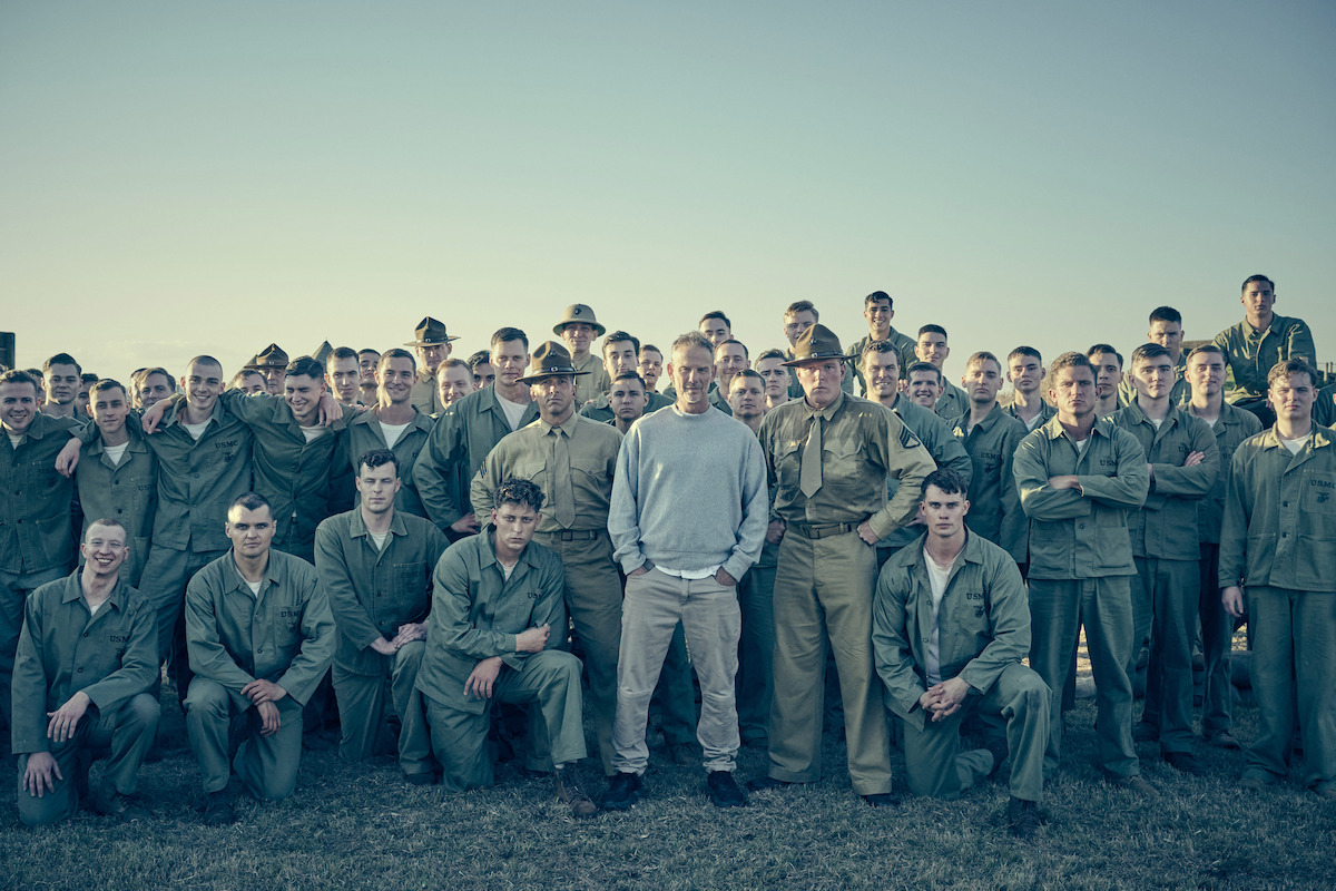 Behind-the-scenes photo of Director Peter Berg with the cast of ‘The Mosquito Bowl.’