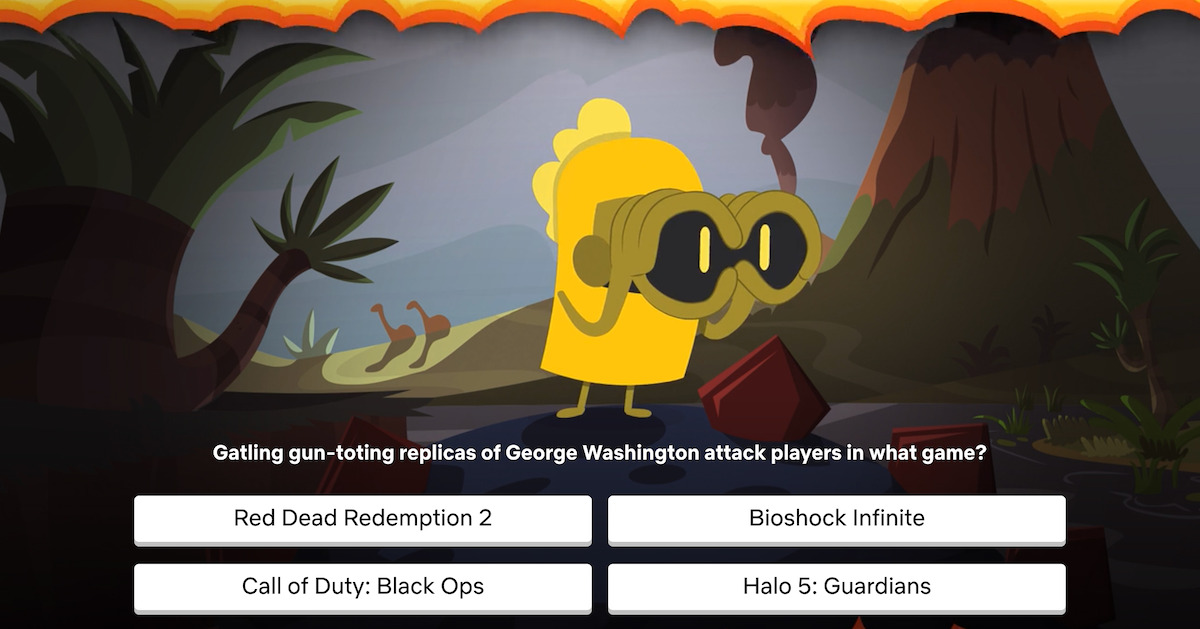 Question: Gatling-gun-toting replicas of George Washington attack players in what game?  Answer Choices: A) Red Dead Redemption 2 B) Bioshock Infinite C) Call of Duty: Black Ops D) Halo 5: Guardians