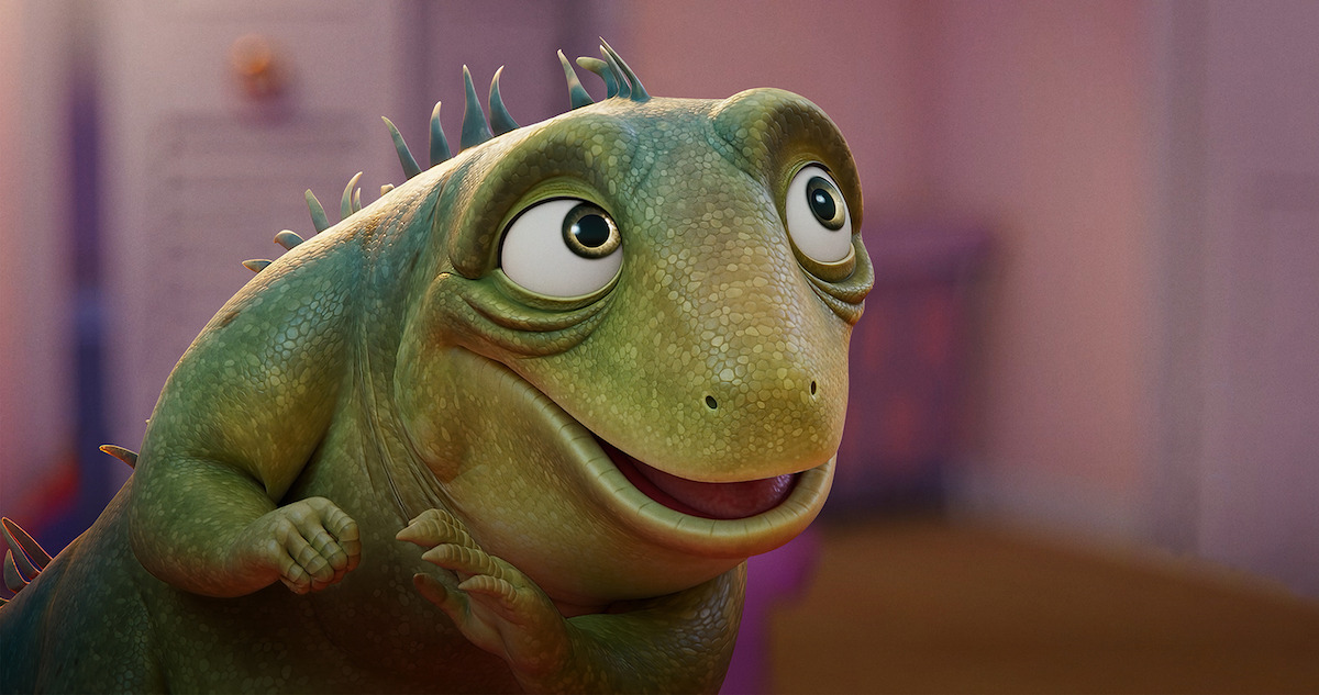 Still image of an animated green Lizard from the movie ‘Leo’ starring Adam Sandler