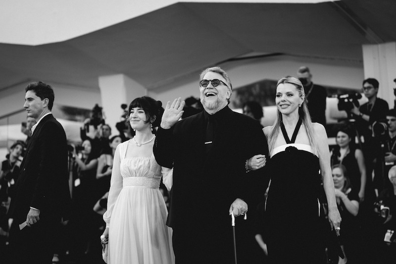 Marisa del Toro, Guillermo del Toro, and Kim Morgan on the red carpet of the Venice Film Festival premiere of Frankenstein.