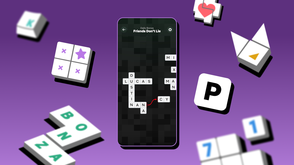 A smartphone displays a crossword puzzle game on a dark grid, surrounded by colorful word and puzzle game tiles on a purple background, creating a fun and engaging atmosphere.