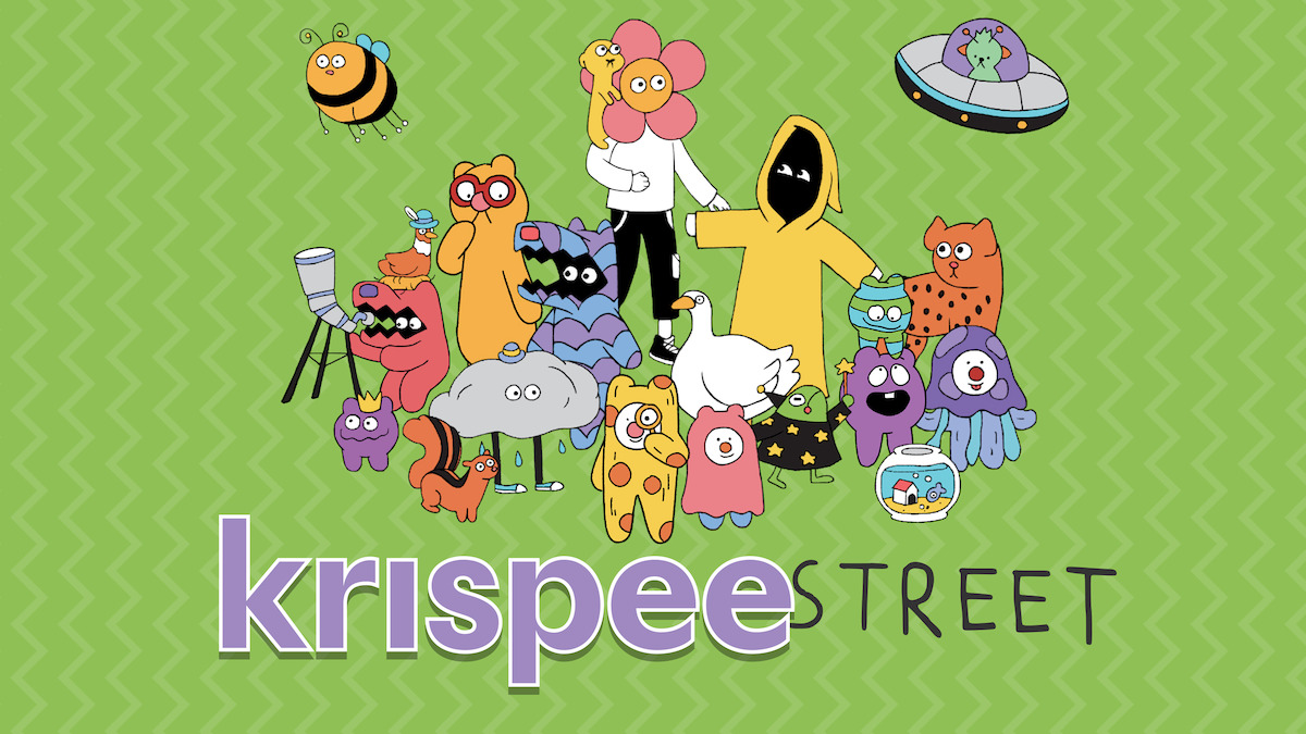 Krispee Street key art - a group of wacky characters from the game gathered around each other.