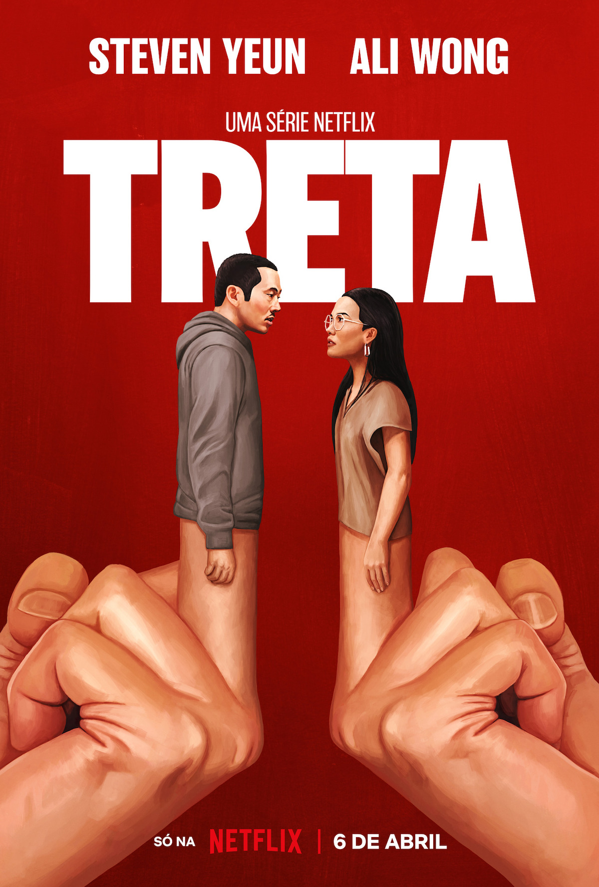 Steven Yeun e Ali Wong como marionetes no dedo do meio de mãos diferentes.