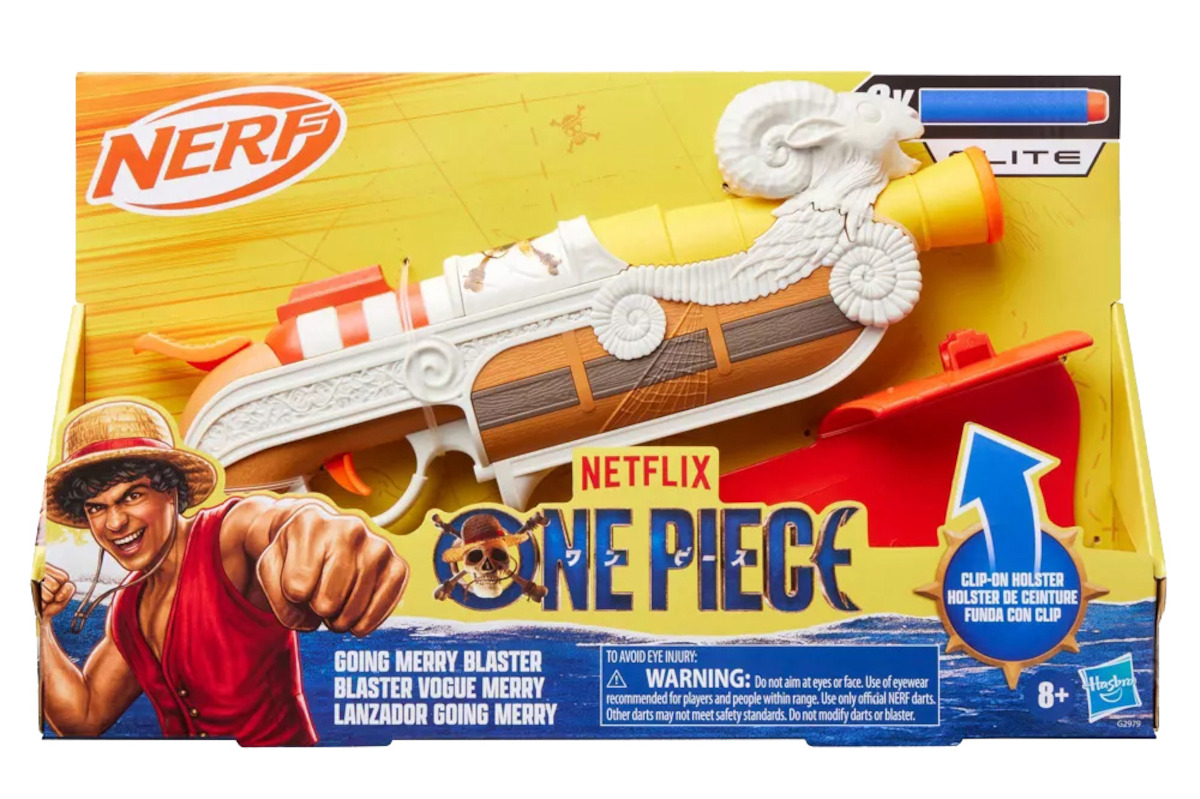 Nerf Elite toy blaster shaped like the One Piece ship Going Merry, in colorful packaging featuring the Netflix One Piece logo, Luffy illustration, age recommendation, and clip-on holster, designed for fans and safe play ages 8 and up.