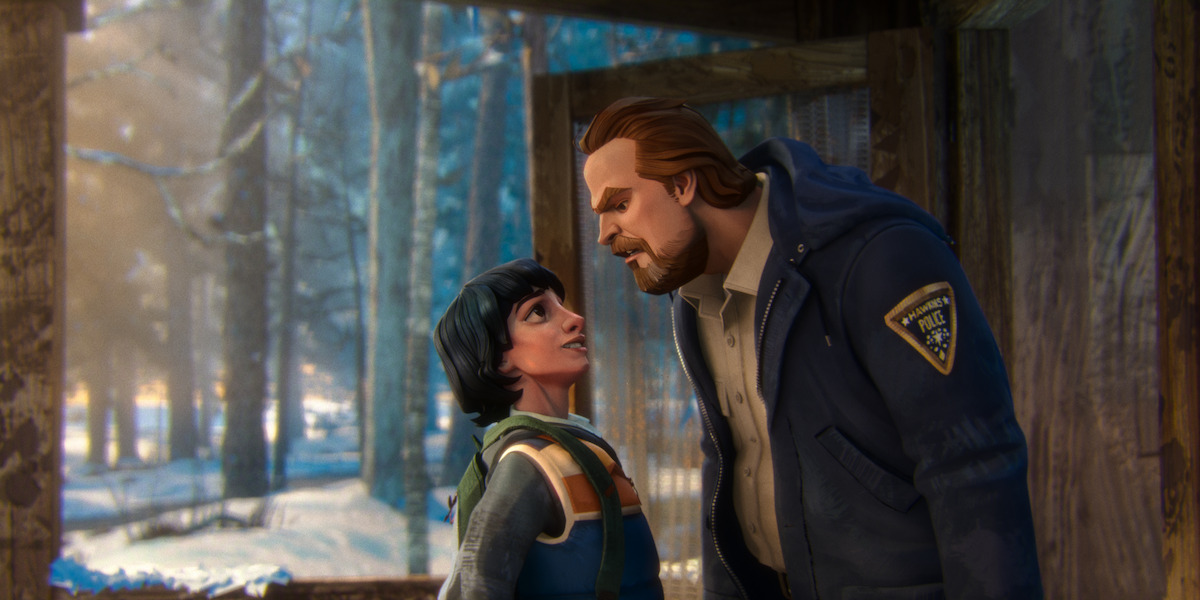 A man wearing a police jacket and a boy stand close together outside a wooden cabin. Snowy forest is visible outside, suggesting a tense conversation in a winter setting.