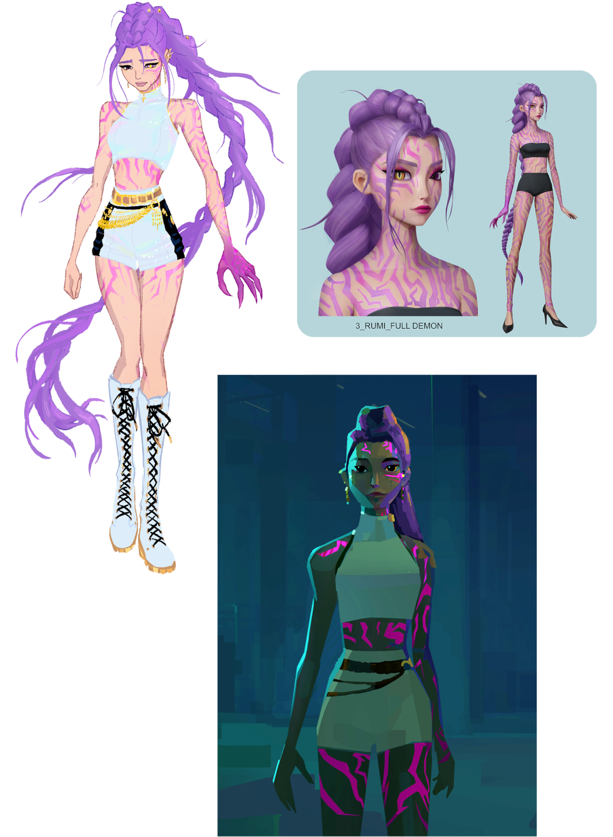 Rumi from 'KPop Demon Hunters' with long purple hair, glowing pink marks, futuristic white and black outfit; shown in sketches and a dark digital city environment.