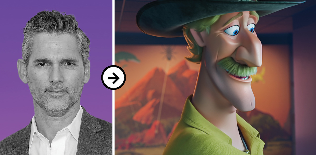 Eric Bana is side by side with his character Chaz Hunt from 'Back to the Outback'