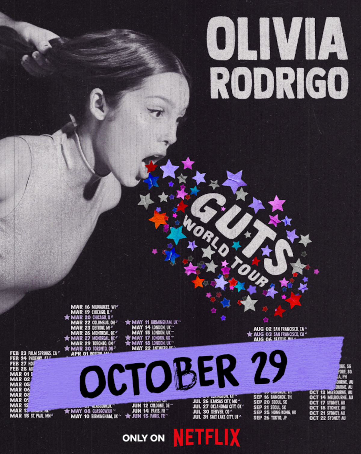 Olivia Rodrigo GUTS tour dates with OCTOBER 29 covering them.