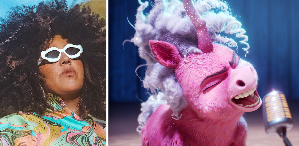 L: Brittany Howard, R: Thelma the Unicorn sings into a microphone in ‘Thelma the Unicorn.’