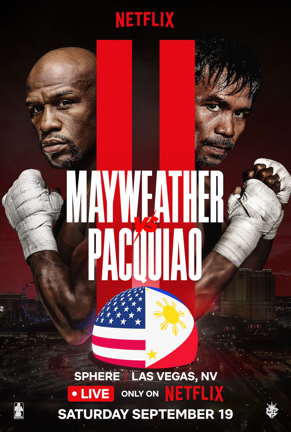 Boxing match promo poster featuring Mayweather and Pacquiao facing off with fists raised, Las Vegas night background, US and Philippines flags, Netflix branding, and fight date Saturday September 19.