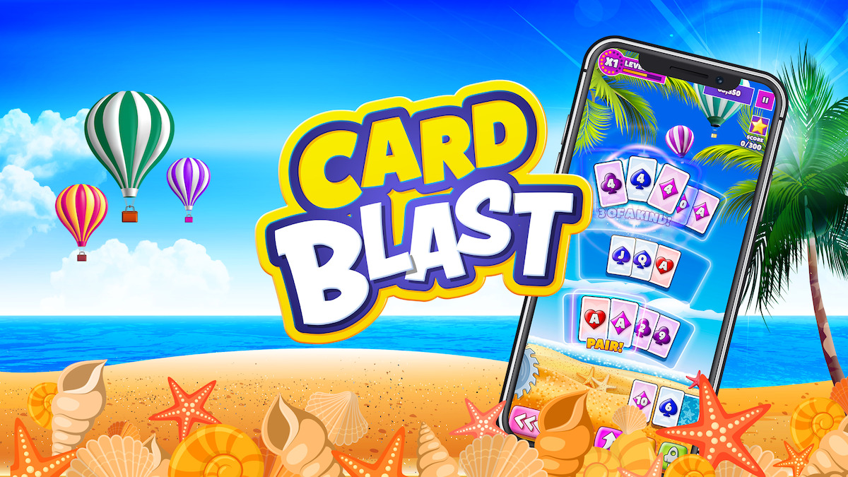 Key art for Card Blast - A phone on a beachy scene.