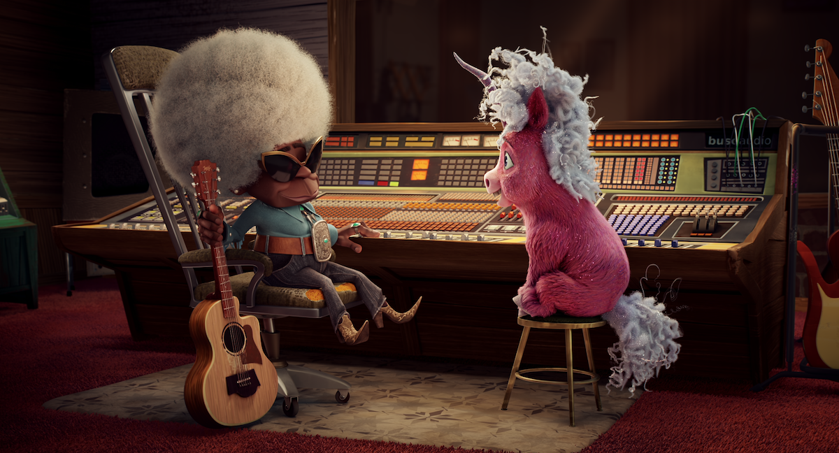 A still of Thelma, a small-time pony who dreams of becoming a music star, in a recording studio with a musician character in ‘Thelma the Unicorn.’