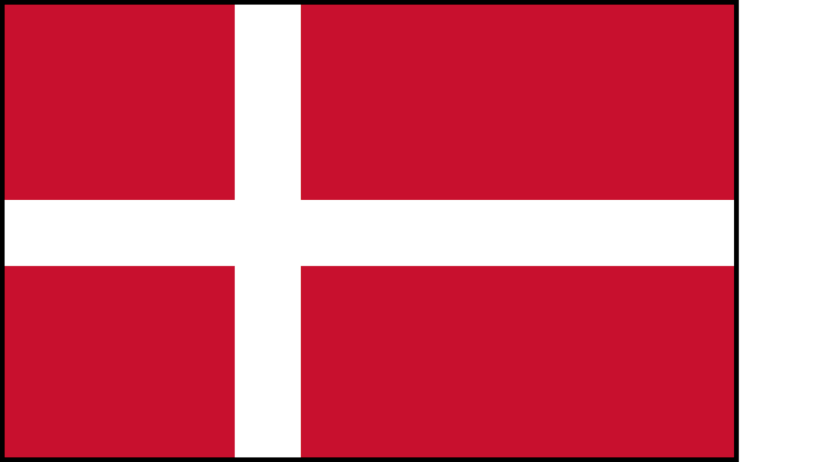 Flag of Denmark featuring a white Scandinavian cross extending to the edges on a red background.
