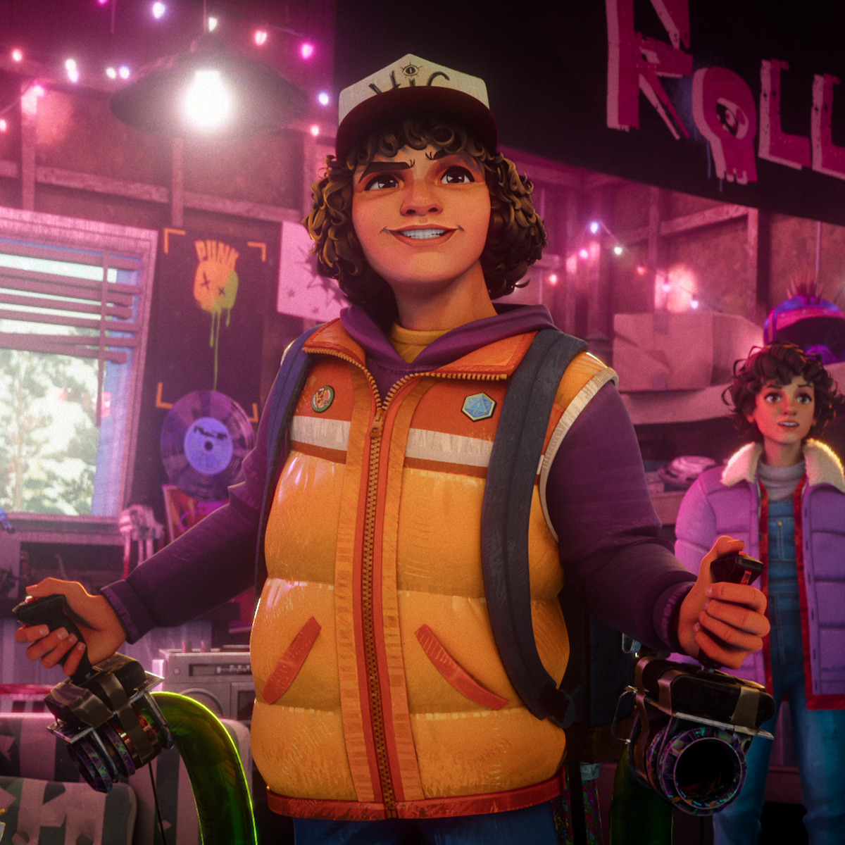Smiling animated kid in orange vest and cap holding gadgets inside colorful, neon-lit room with posters and another person in the background, suggesting a lively, creative environment.