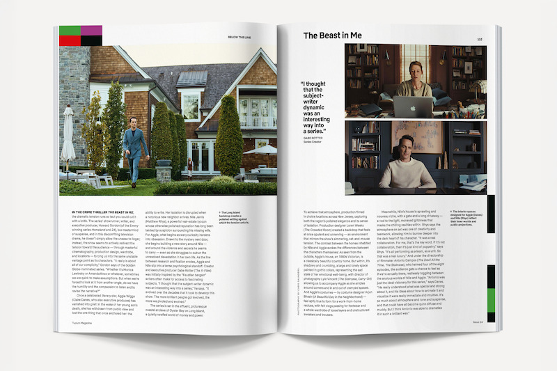 Magazine spread showing a man walking in front of a large house and two people working in home offices, with modern décor and bookshelves. The layout features text, quotes, and colorful accents in a clean, contemporary design.