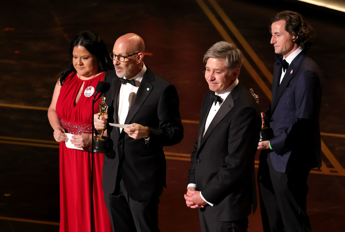 (L-R) Gloria Cazares, Joshua Seftel, Steve Hartman, and Conall Jones accept the Documentary Short Film award for "All the Empty Rooms" onstage during the 98th Oscars at Dolby Theatre on March 15, 2026 in Hollywood, California.