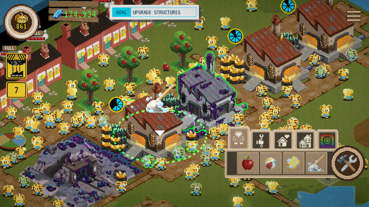 A busy pixel art village is filled with yellow creatures called Thronglets and buildings. The goal says “UPGRADE STRUCTURES.” One building is selected for an upgrade with tools and options shown on the screen.4o