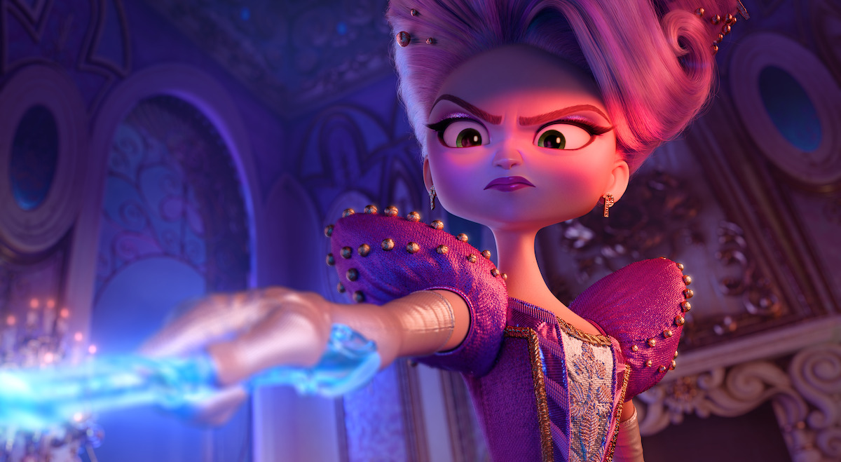 Animated woman in an ornate purple gown casting blue magic in an opulent, decorated palace room, with an intense and determined expression on her face.