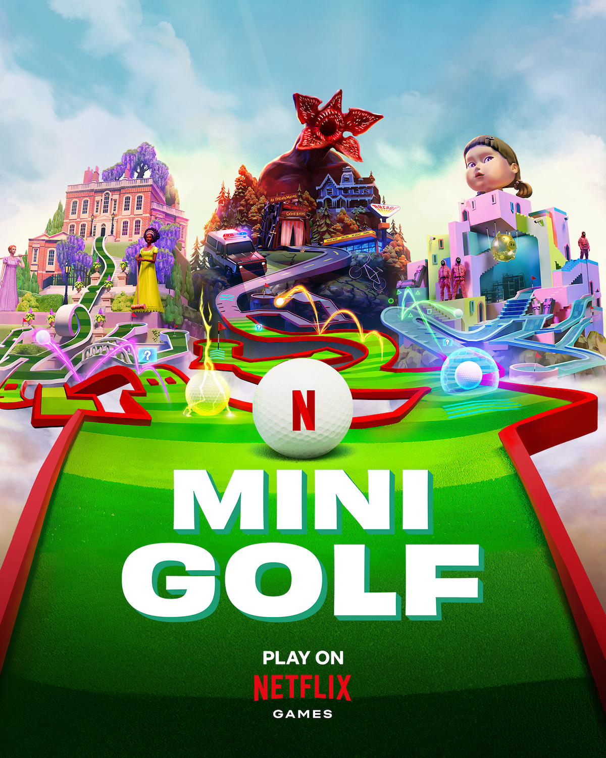 A golf ball on a mini golf course that blends Bridgerton's mansion and gardens, Stranger Things' Upside Down and Hawkins, and Squid Game's pink dormitory and doll, above the text "Mini Golf, Play on Netflix."