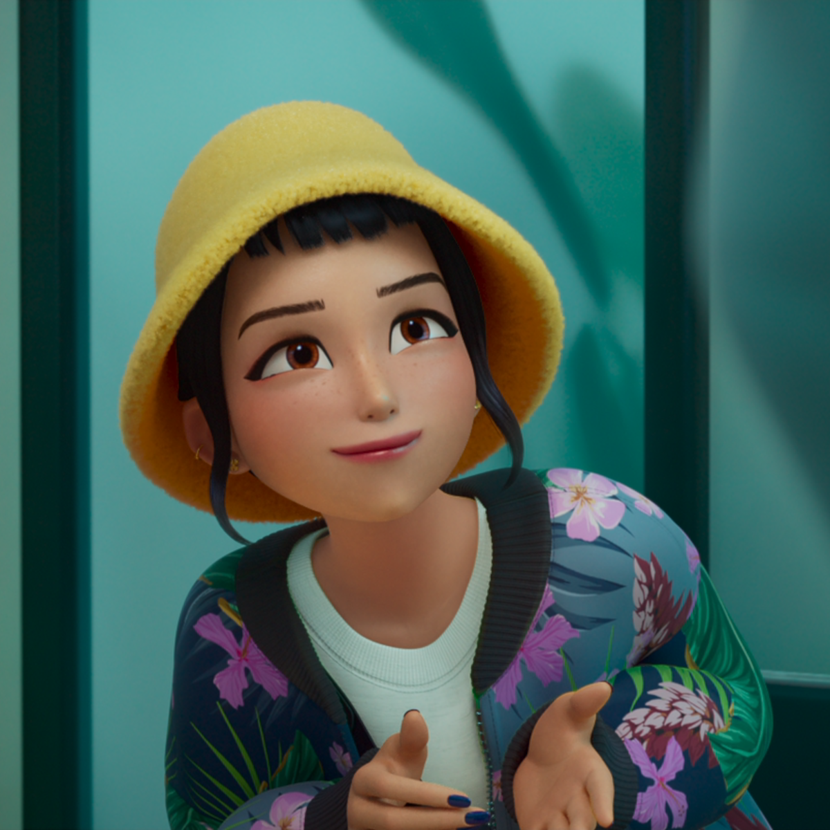 Zoey wearing a tropical jacket in ‘Kpop Demon Hunters.’