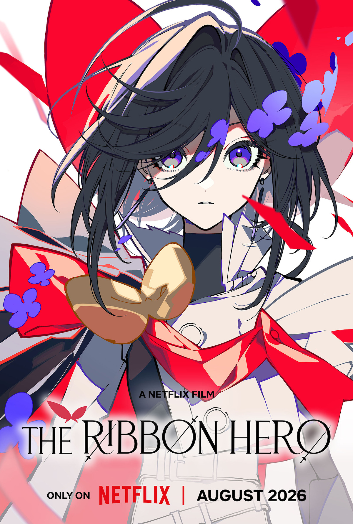 Anime-style girl with long dark hair, purple eyes, and a golden bow stands amid red and purple ribbons and shapes. Text promotes "The Ribbon Hero," a Netflix film releasing August 2026. Bold, colorful, illustrated poster.