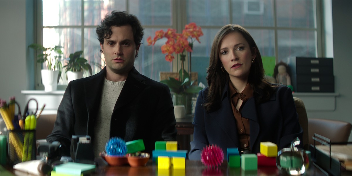 Penn Badgley as Joe Goldberg and Charlotte Ritchie as Kate Lockwood in You Season 5.