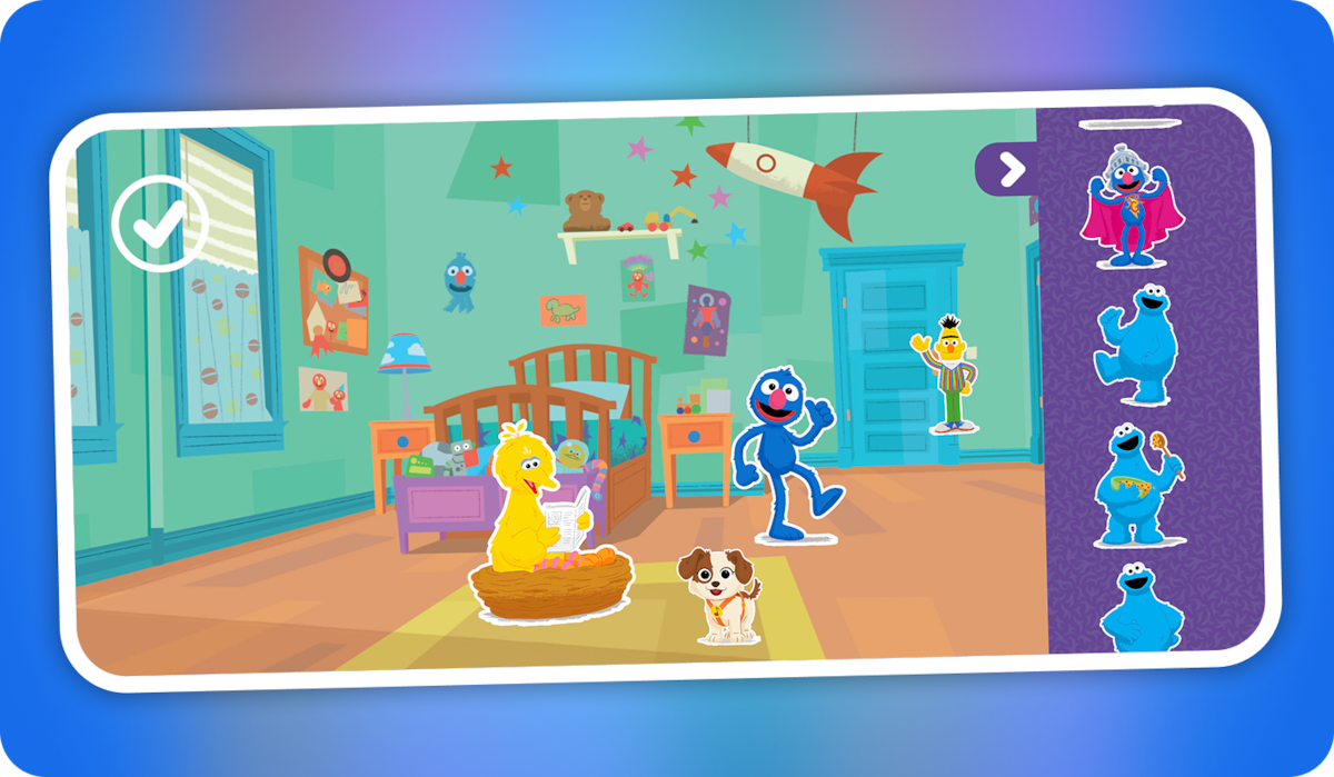 Cartoon nursery with crib, toys, wall art, and Sesame Street characters Big Bird, Grover, and others as stickers. Blue-green room with window, rocket décor, and sticker selection menu on the right side.