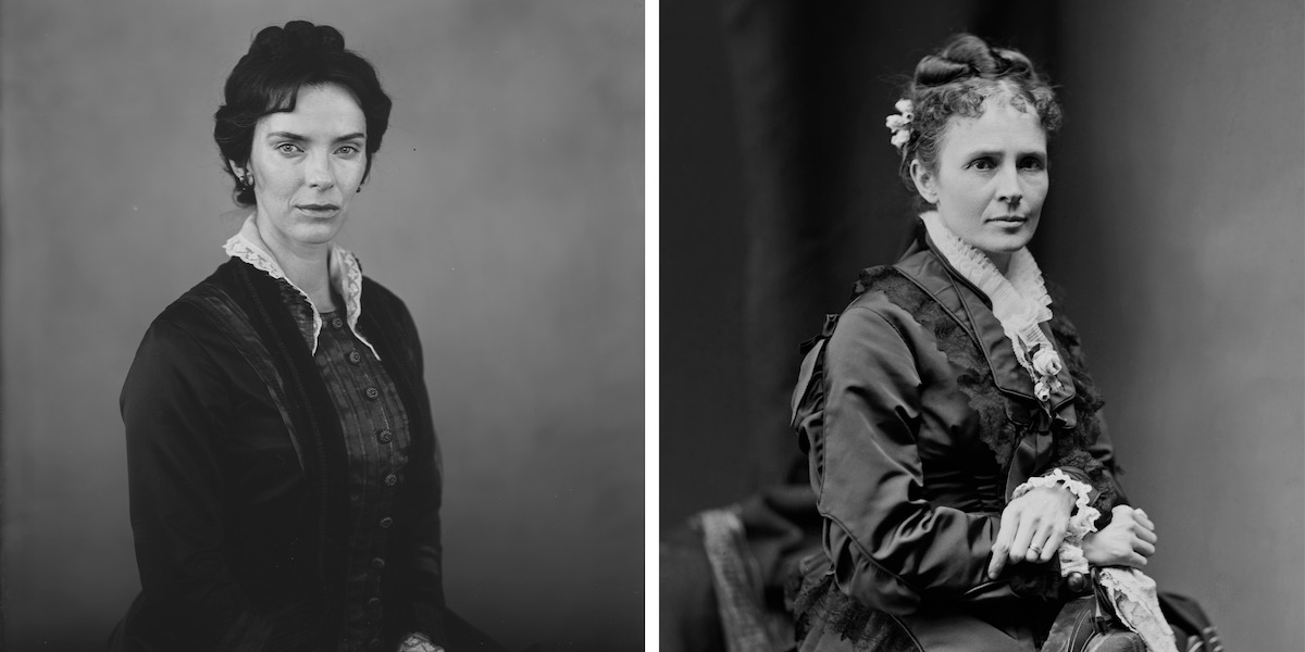 Two women in Victorian-era dresses pose for formal portraits against plain studio backdrops; both appear composed and serious, reflecting a somber, historical mood. The lighting is soft and highlights period fashion and hairstyles.