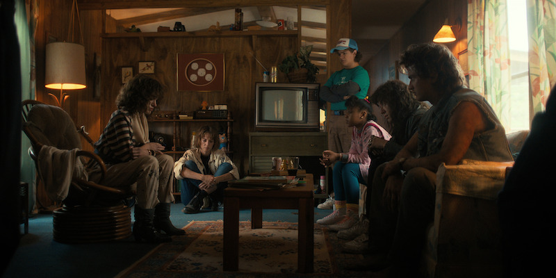 Dyer as Nancy, Maya Hawke as Robin Buckley, Gaten Matarazzo as Dustin Henderson, Priah Ferguson as Erica Sinclair, Joe Quinn as Eddie Munson and Keery as Steve - See Over 100 Photos From ‘Stranger Things’ Season 4 Volume 2