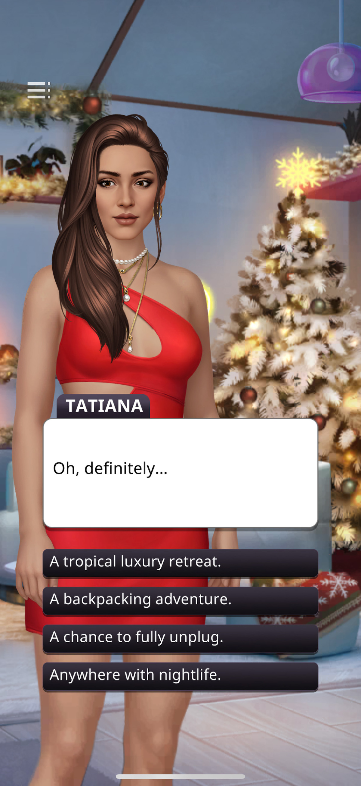 An in-game screenshot for the mobile game ‘Netflix Stories: Love Is Blind, Winter Kiss,’ featuring a female game character called Tatiana
