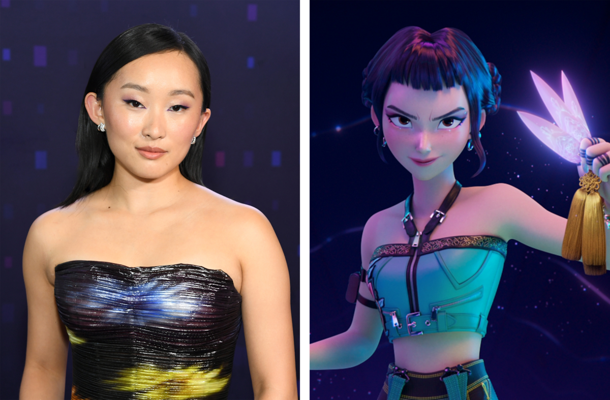 Ji-Young Yoo in a strapless dress poses against a purple backdrop; beside her, Zoey, a blue-haired animated character holds glowing daggers in a fantasy setting.