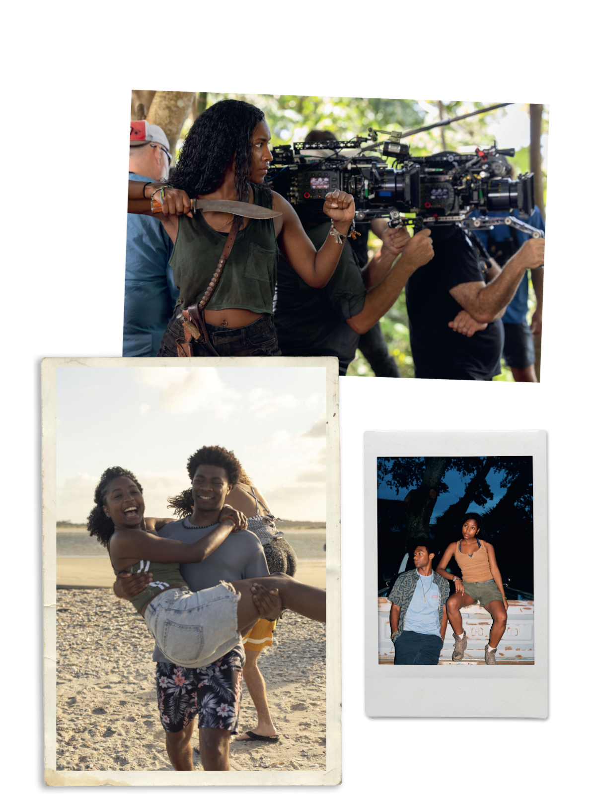 Woman acting in front of a film crew outdoors, two people playfully posing on a beach, and two friends at night; casual, fun, behind-the-scenes moments.