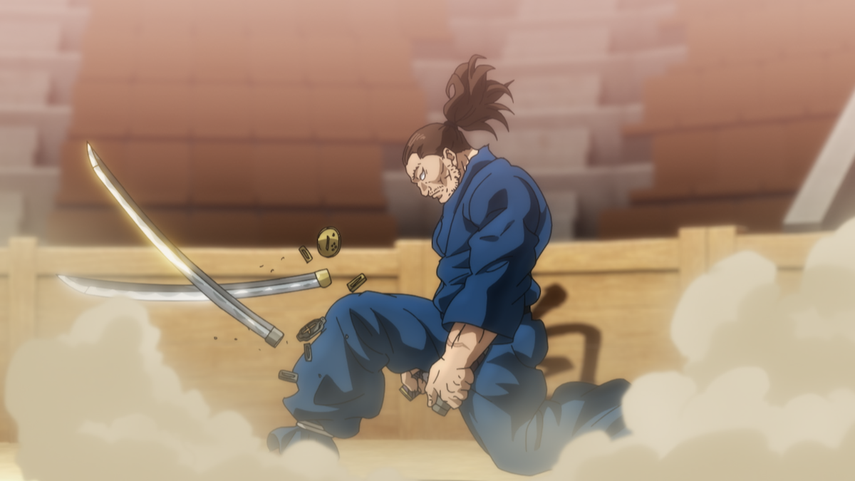 Anime warrior in blue gi kneeling in an arena with broken swords and debris around, surrounded by dust, intense expression, audience seats blurred in the background.