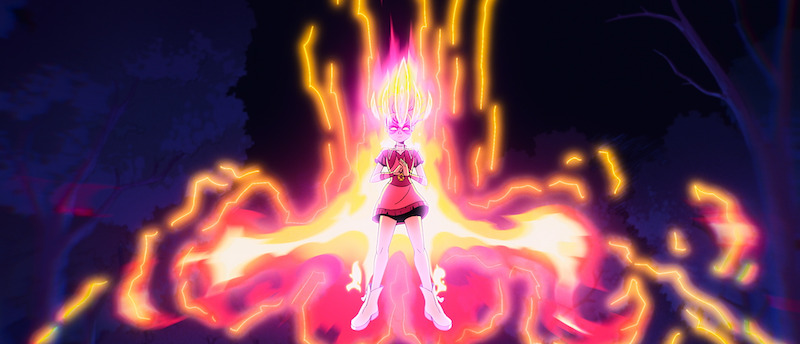 Ali Wong as Jentry glows with pink fire around her in 'Jentry Chau vs. the Underworld'