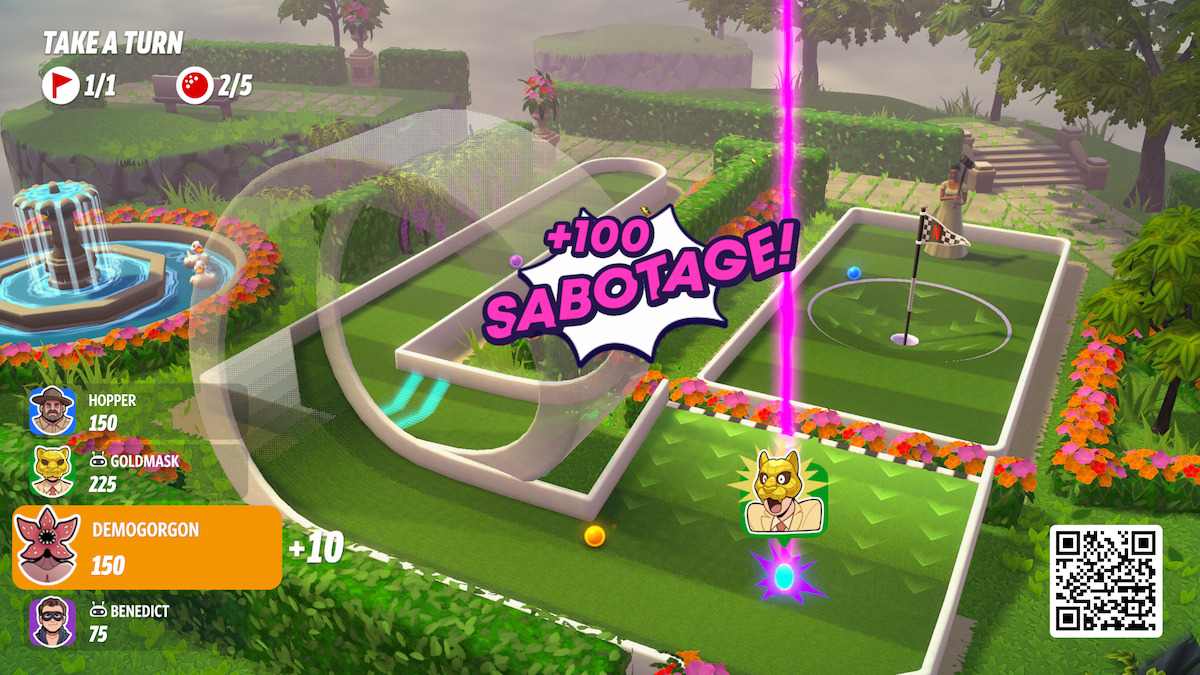 Mini-golf video game scene with cartoon characters, bright course, scoreboard, and “+100 Sabotage!” text. Lush green environment, player avatars on left, digital effects, and QR code on bottom right.