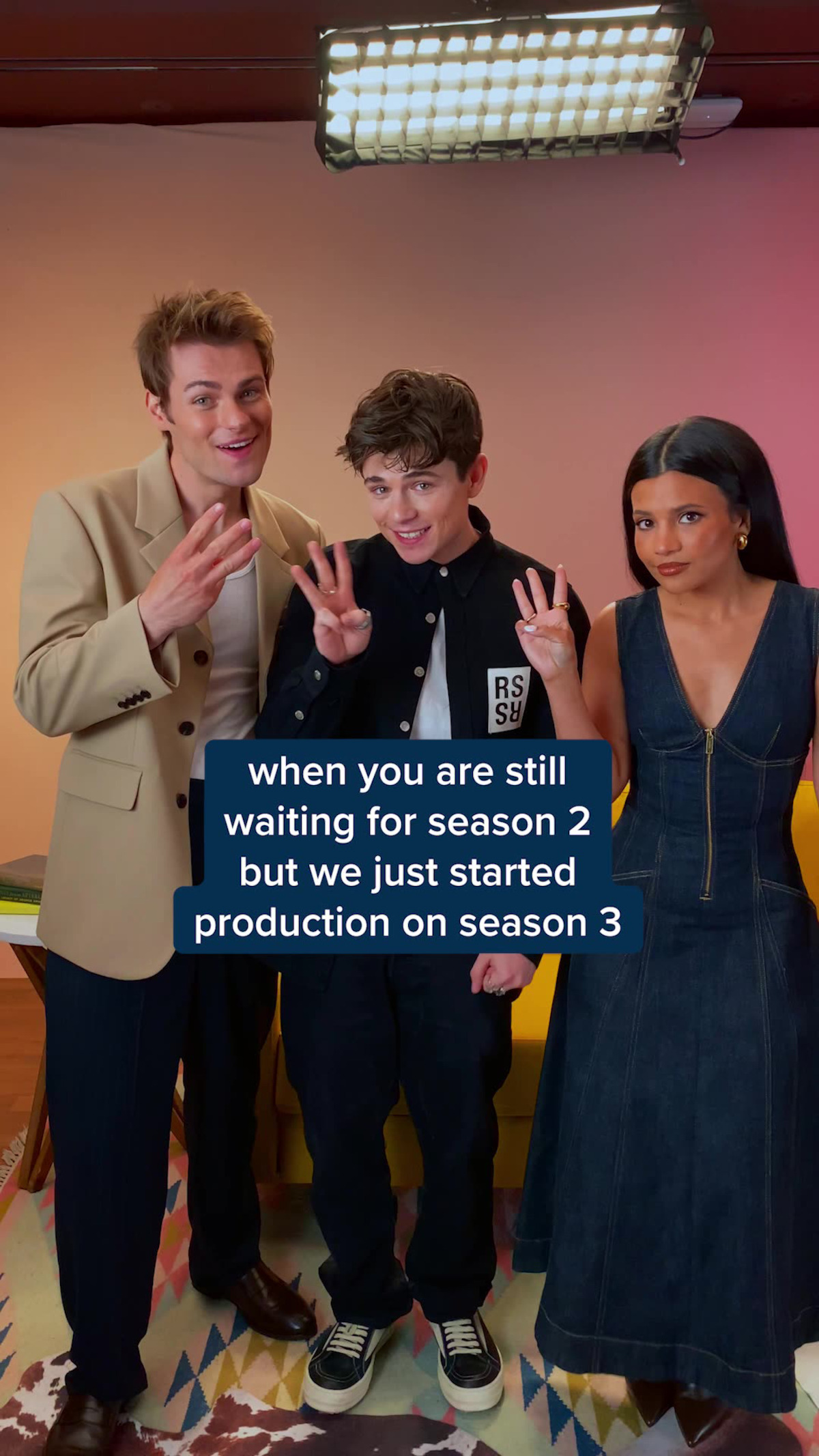 Noah LaLonde, Ashby Gentry and Nikki Rodriguez hold 3 fingers up to announce the start of production for 'My Life with the Walter Boys' Season 3.