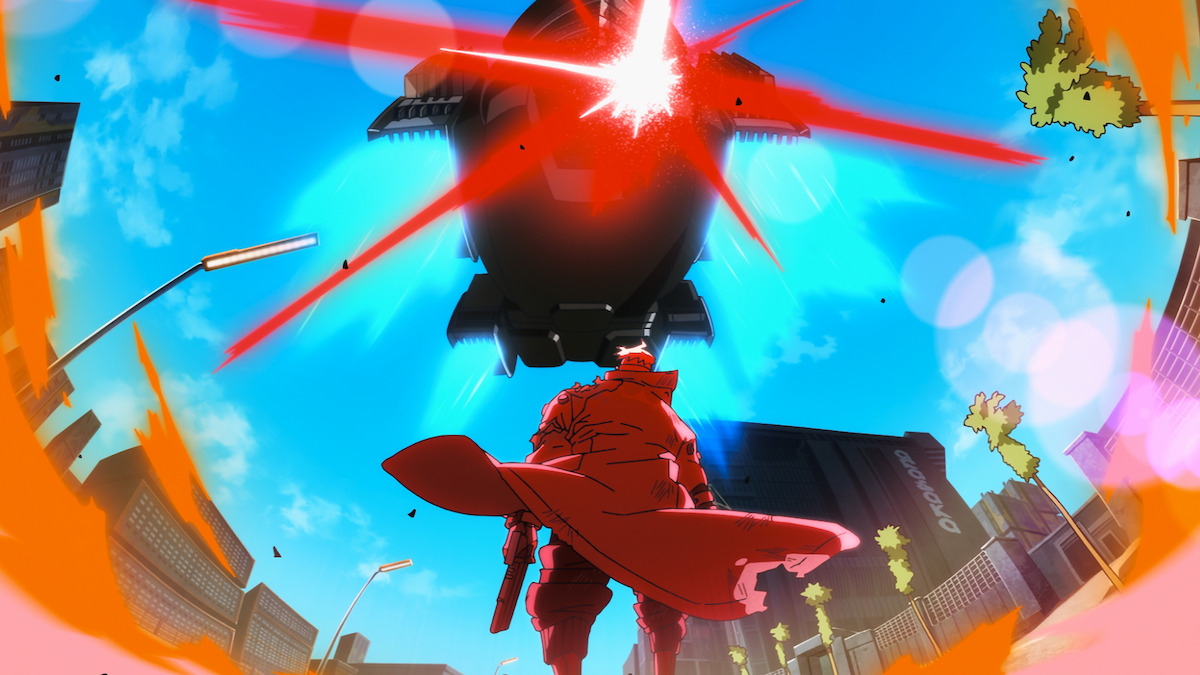 A character in a red coat stands in a city street, facing a large flying machine firing bright red energy beams, with blue sky, tall buildings, and scattered trees in the background.
