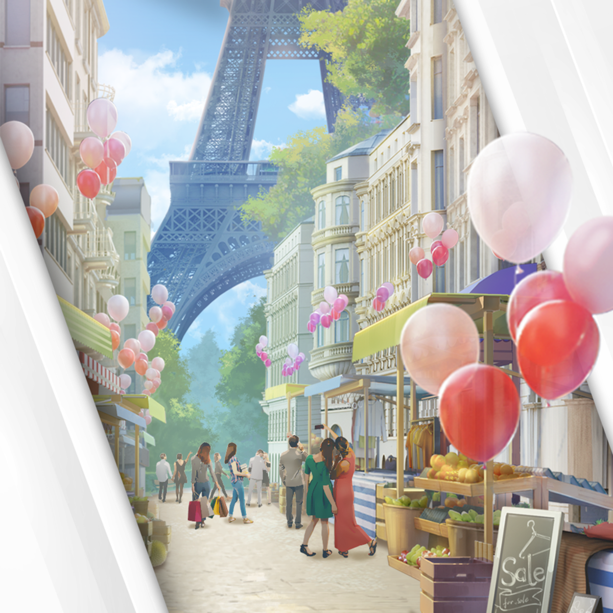 Game illustration for the mobile game ‘Emily in Paris’, featuring a street scene in Paris with bustling shops, colorful balloons and the Eiffel Tower in the background.