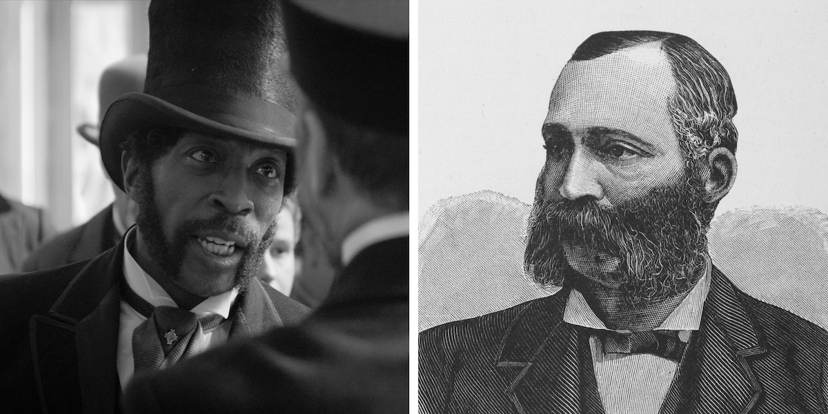 Split image: left, a man in historical attire and top hat in a lively, formal indoor setting; right, an old black-and-white illustration of a serious man with a thick beard in a suit, suggesting a formal portrait.