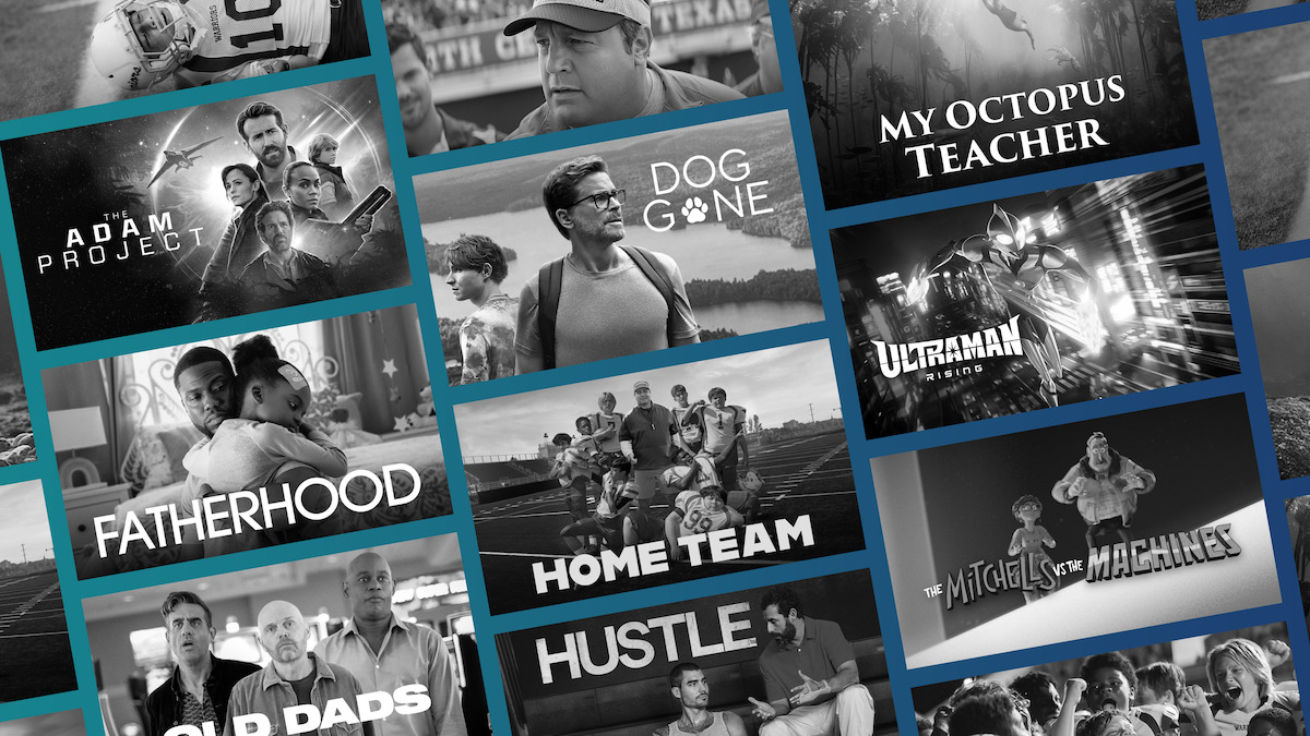 A grid of father's day movies including Dog Gone, Fatherhood, The Adam Project, and more. 