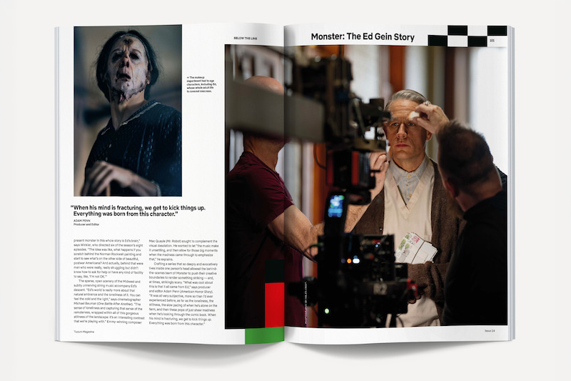 Magazine spread showing a horror film actor in character on the left and a behind-the-scenes makeup session with crew and camera equipment on the right. The article is titled "Monster: The Ed Gein Story."