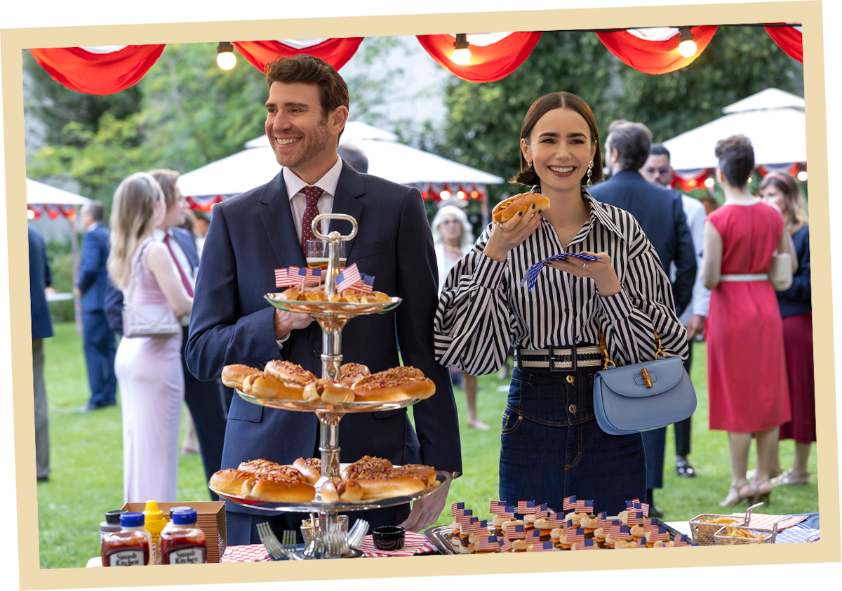 Bryan Greenberg as Jake Campbell and Lily Collins as Emily in ‘Emily in Paris’ Season 5.