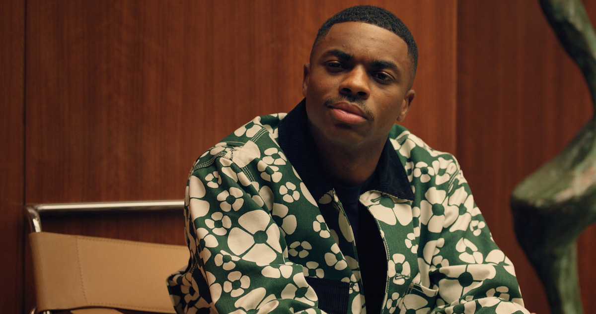 Vince Staples as Vince Staples wears a green jacket with white flowers in season 1 of 'The Vince Staples Show'