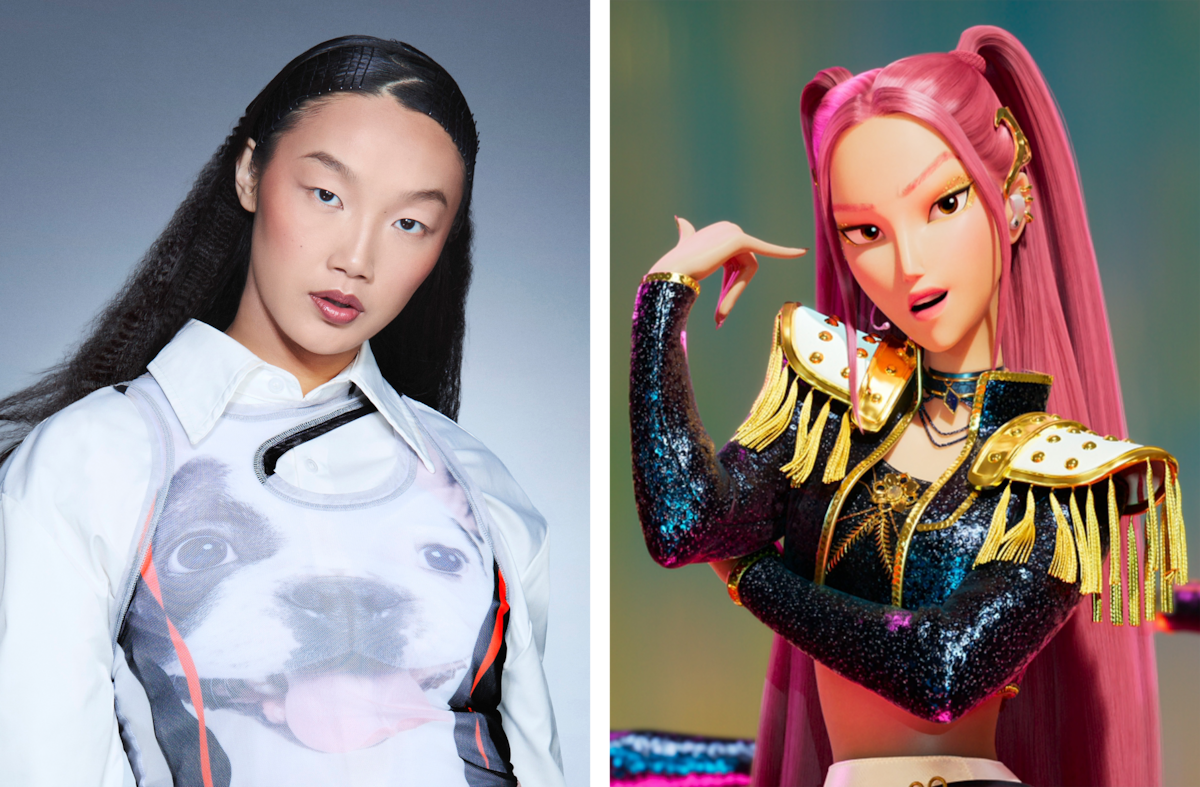 Split image: left shows Audrey Nuna in a white top with a dog print, sleek hair, neutral background; right shows an animated character, Mira, with long pink hair, dramatic makeup, and a glittery costume, in a vibrant studio setting.
