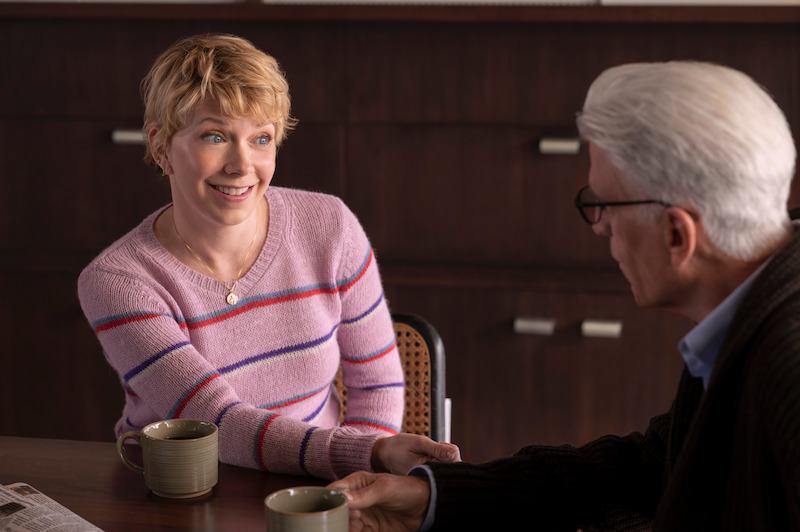 Mary Elizabeth Ellis as Emily and Ted Danson as Charles drink coffee together in Season 1 of 'A Man on the Inside'