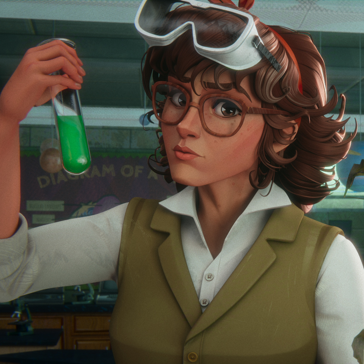 Animated woman with goggles on her head, wearing glasses and a vest, holding a test tube with green liquid in a science classroom laboratory setting.